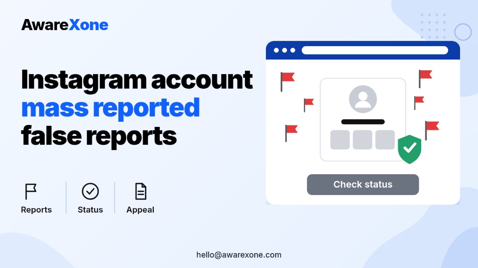 Flat illustration of a profile surrounded by many red report flags and a green protection shield, showing what to do when an Instagram account is mass reported with false reports.