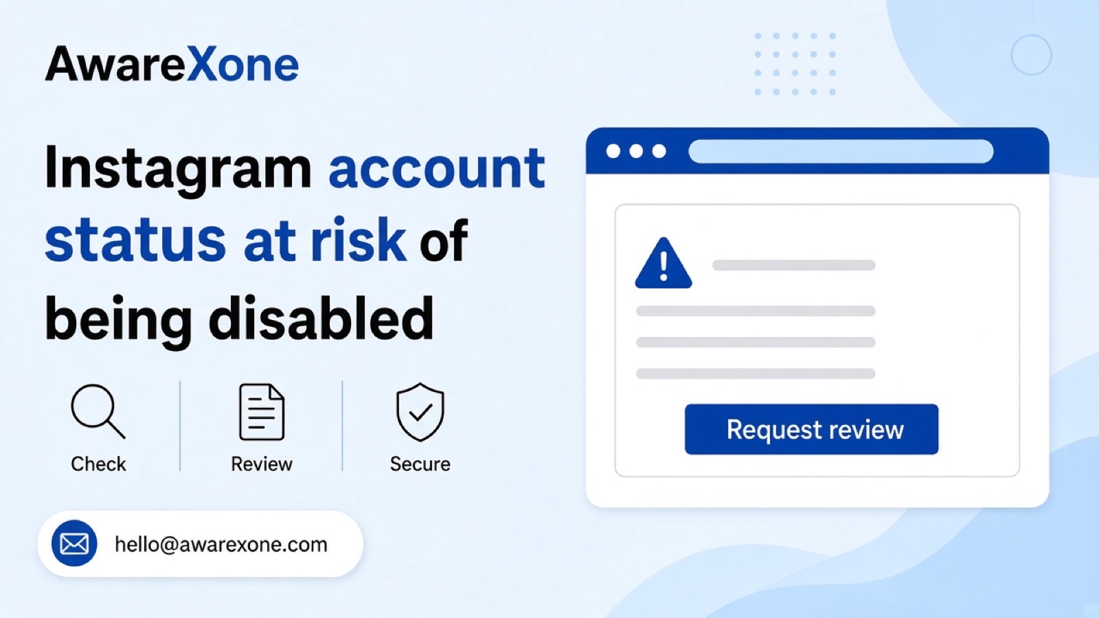A woman reads the Account Status screen on her phone after searching instagram account status at risk of being disabled, with a notebook of removed posts on her desk.