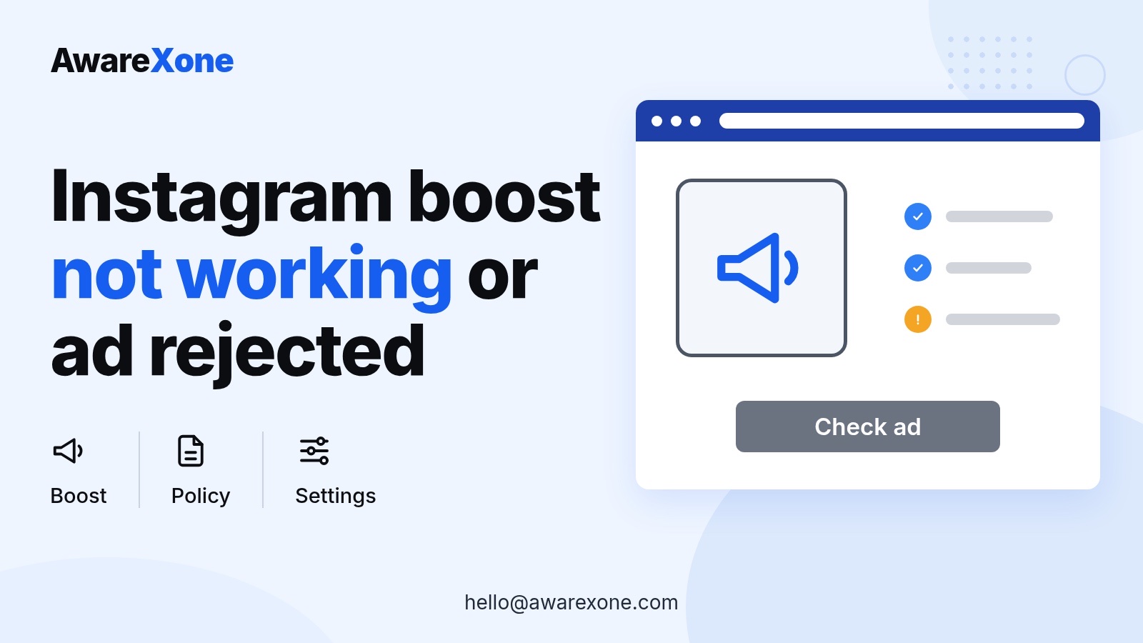 Cover card with a megaphone and checklist, for a rejected Instagram boost before you appeal.