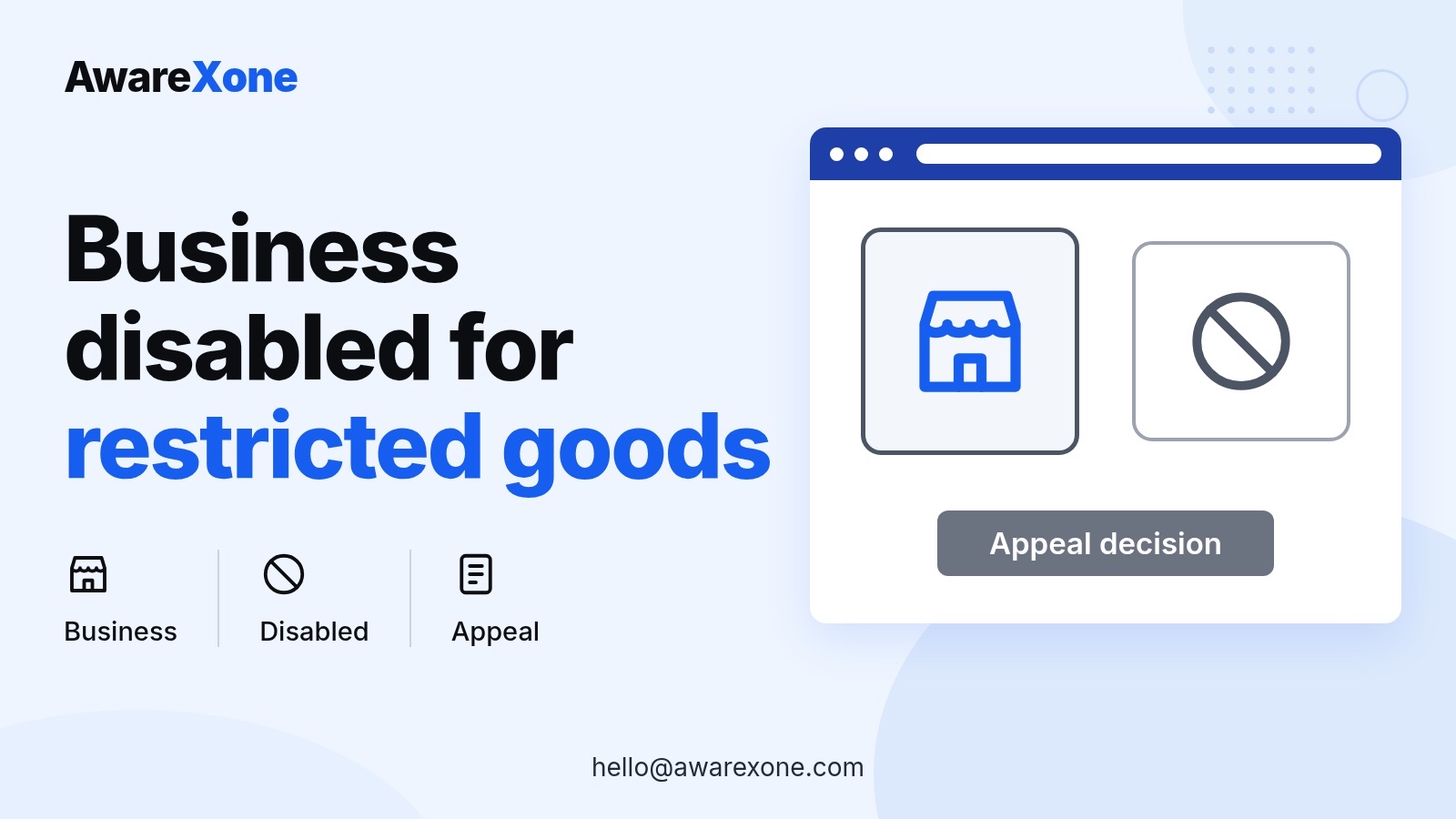 Cover card with a shop and disabled sign, for appealing a wrongful restricted goods disable on Instagram.