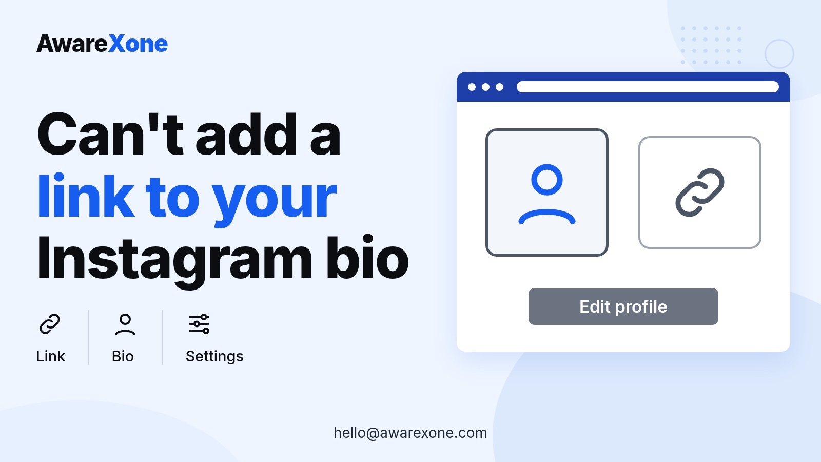 Cover card with a profile and link icon, for when Instagram won't let you add a bio link.