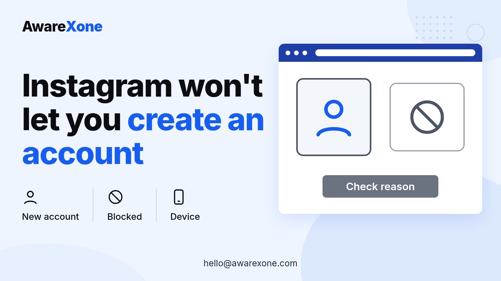Cover card with a new profile and blocked sign, for when Instagram won't let you sign up.