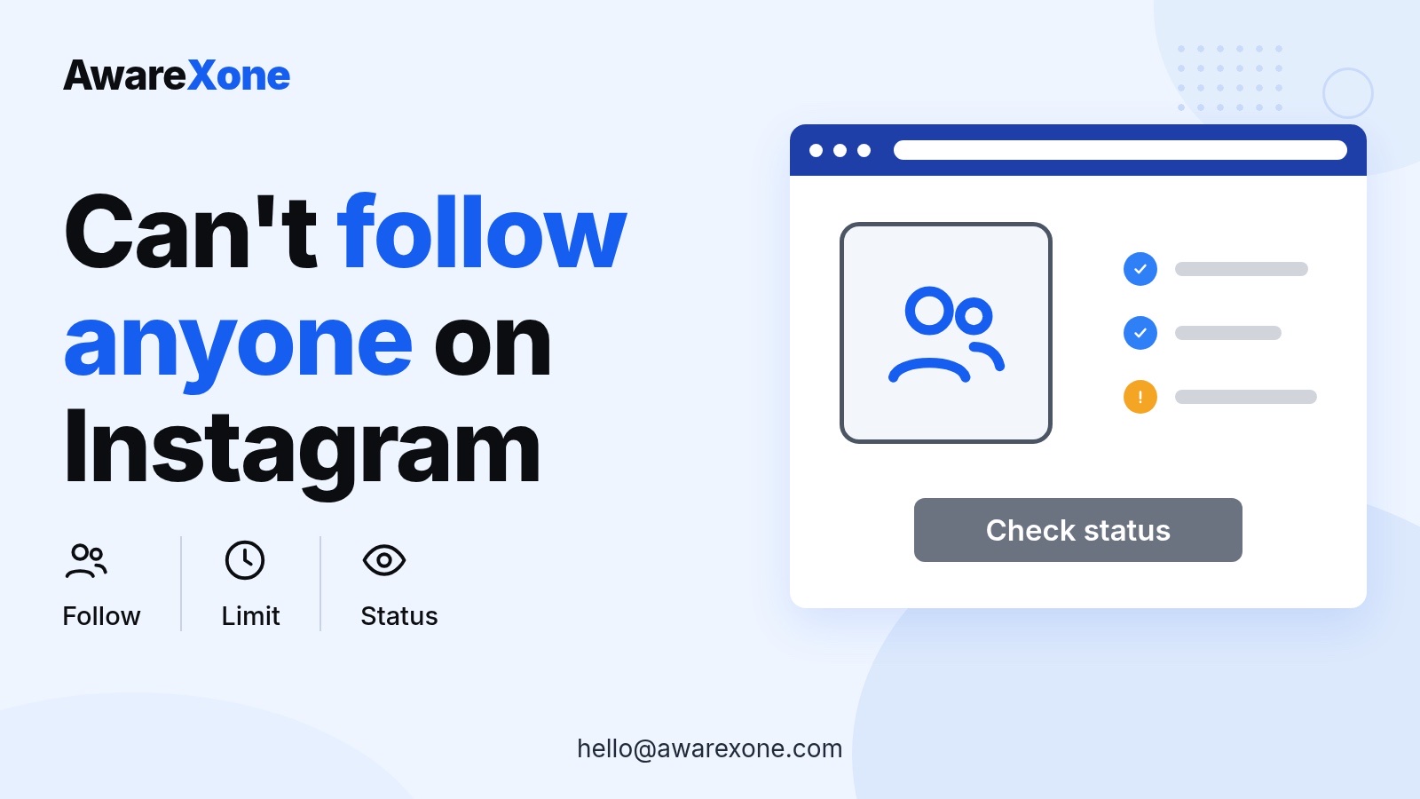 Cover card with two people and a status checklist, for an Instagram follow block and when it lifts.