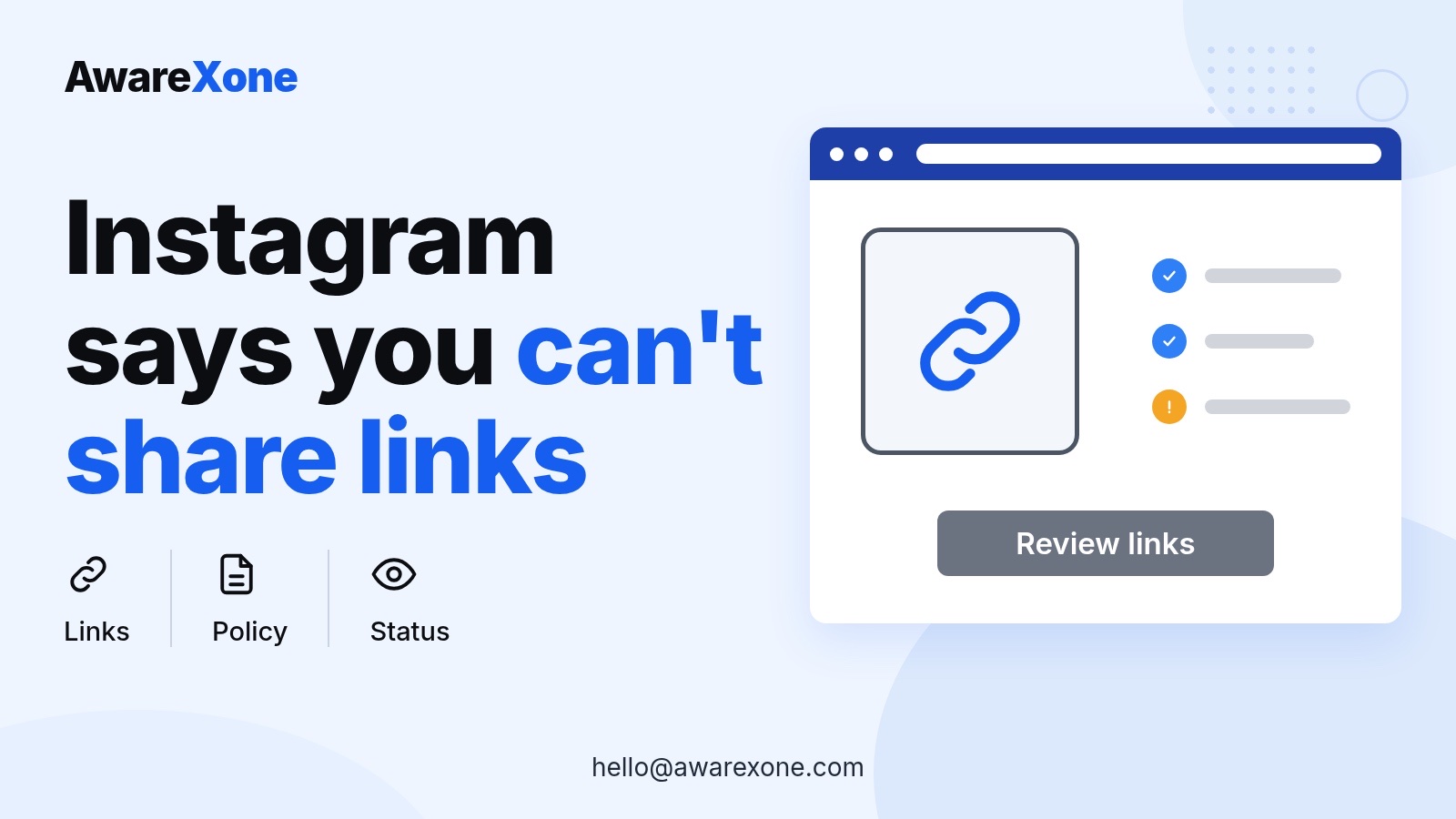 Cover card with a link icon and checklist, for Instagram blocking you from sharing links.