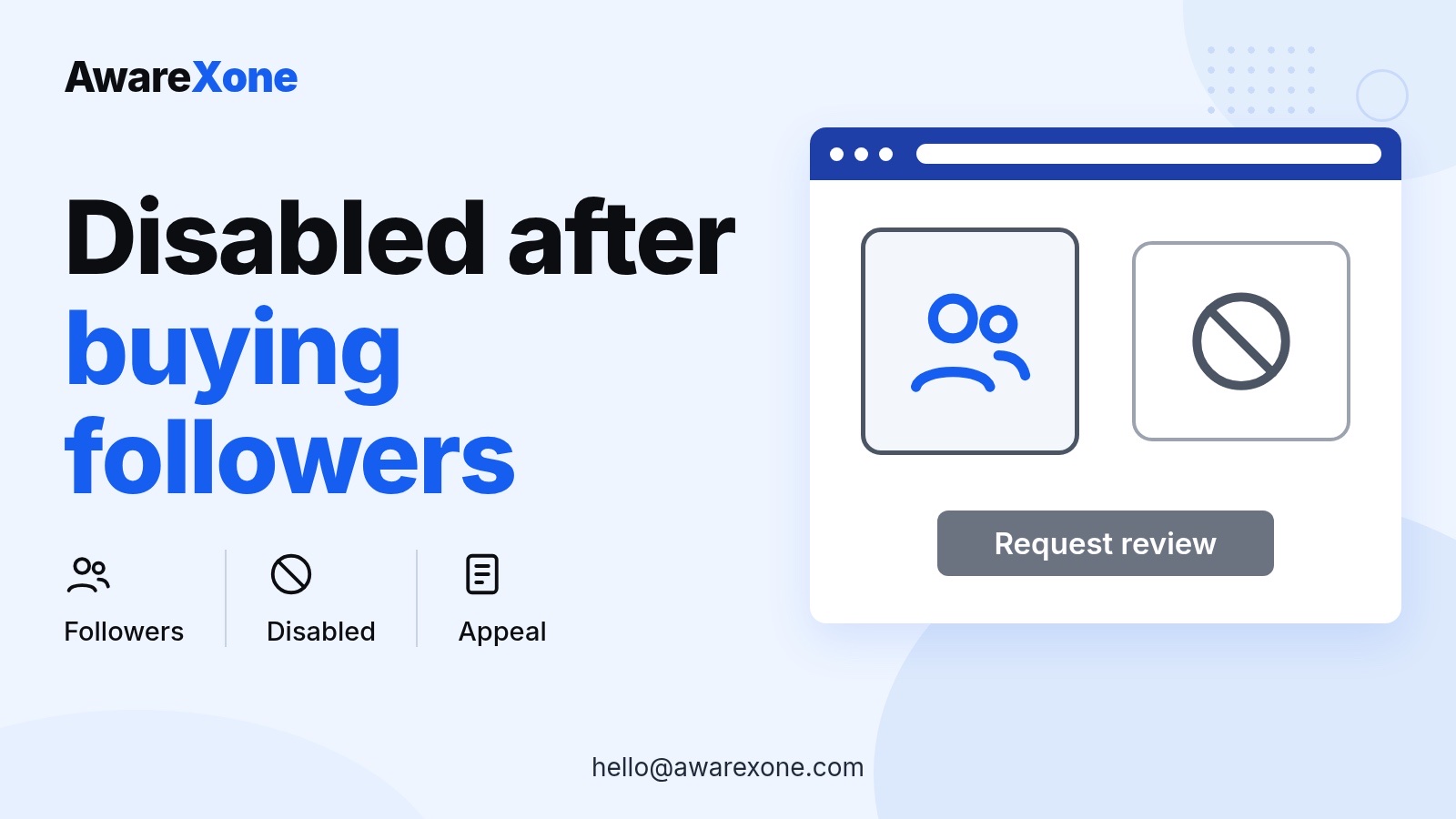 Cover card with a followers icon and disabled sign, for Instagram accounts disabled after bought followers.