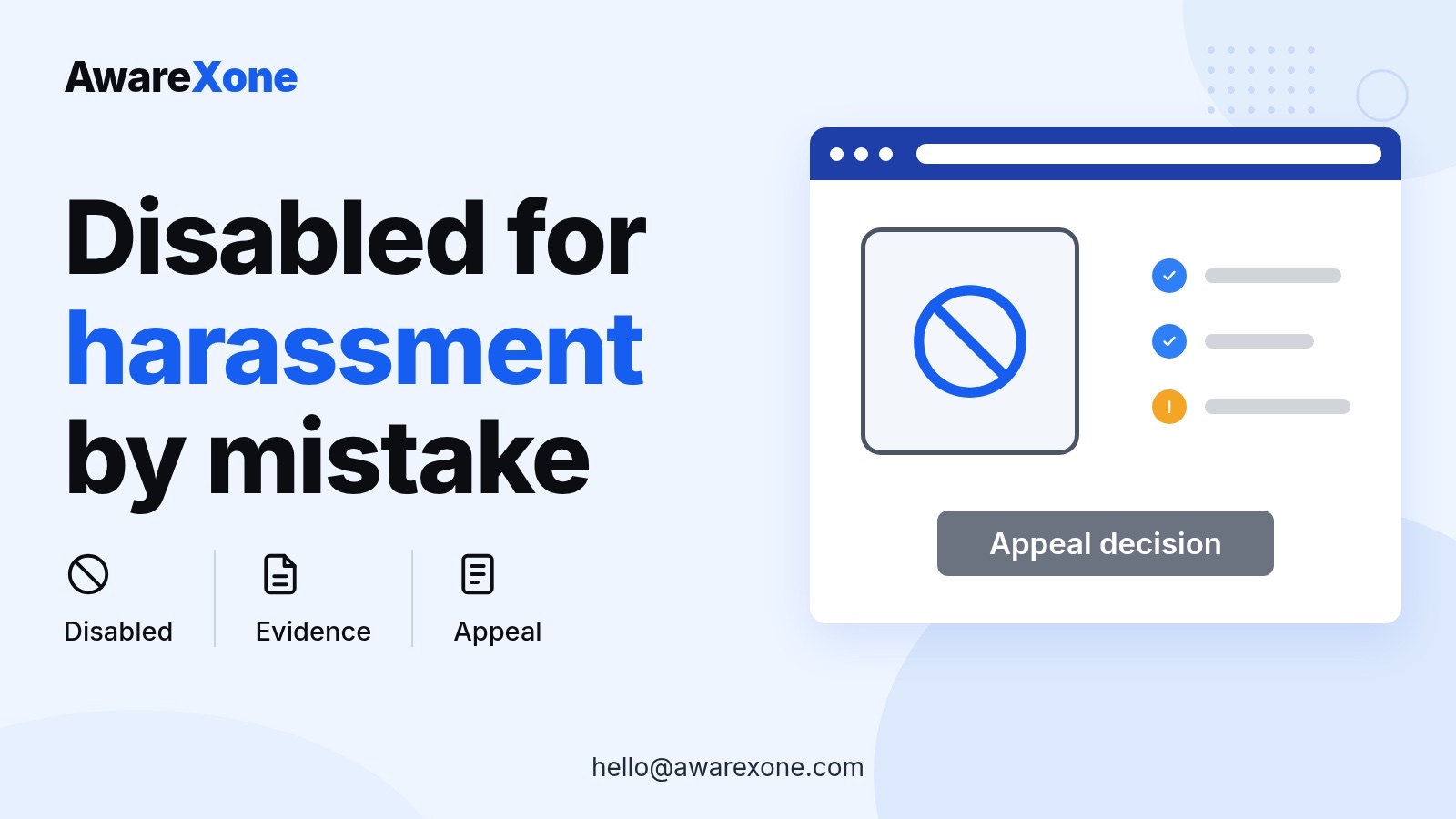 Cover card with a disabled sign and checklist, for appealing a mistaken Instagram harassment disable.