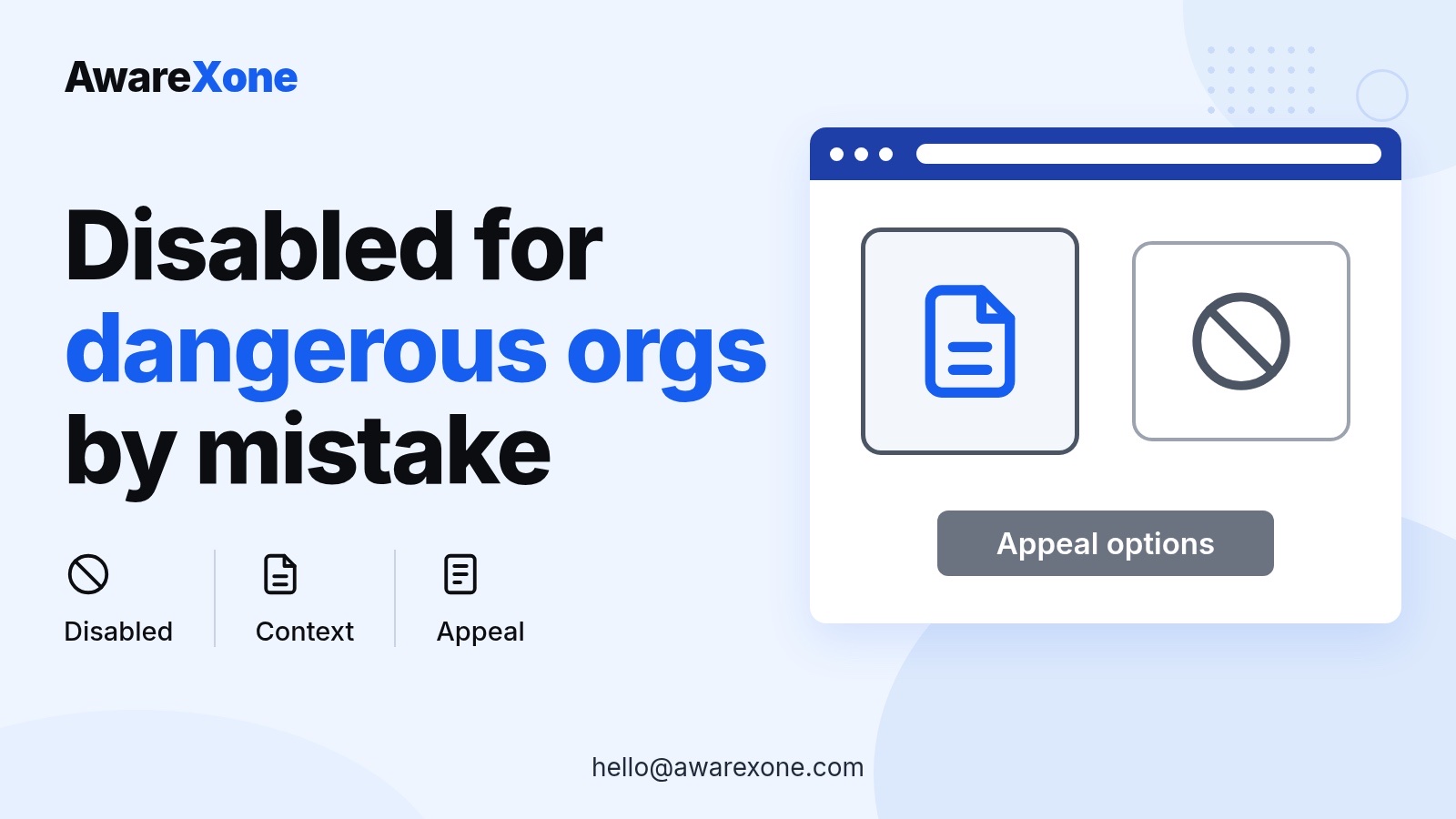 Cover card with a document and disabled sign, for appealing a mistaken dangerous organisations disable.