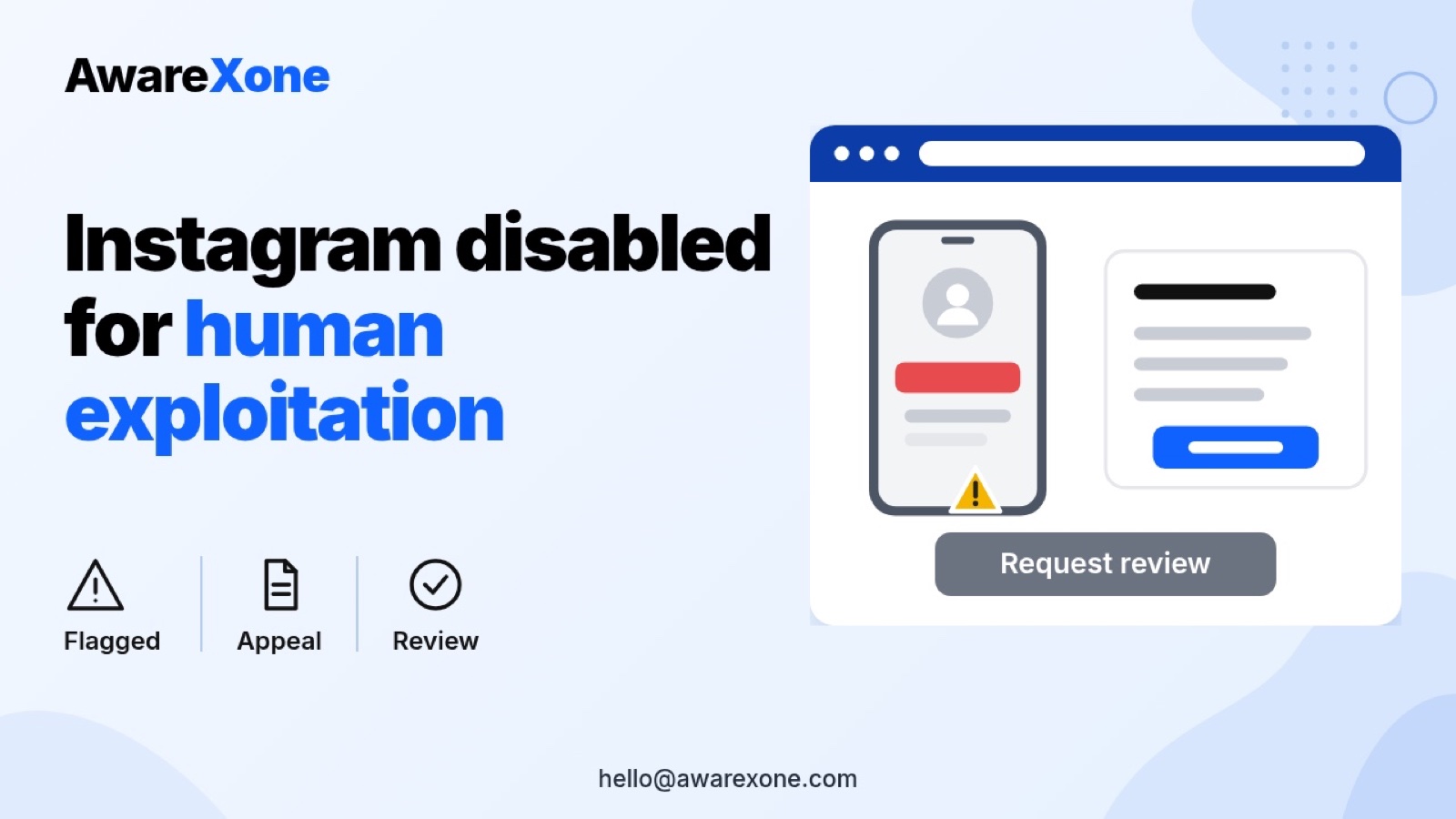 Flat illustration of a phone showing an Instagram account disabled for human exploitation next to a review request form, showing how to appeal a wrongful disable.