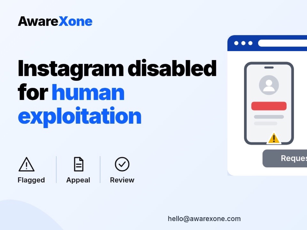 Flat illustration of a phone showing an Instagram account disabled for human exploitation next to a review request form, showing how to appeal a wrongful disable.