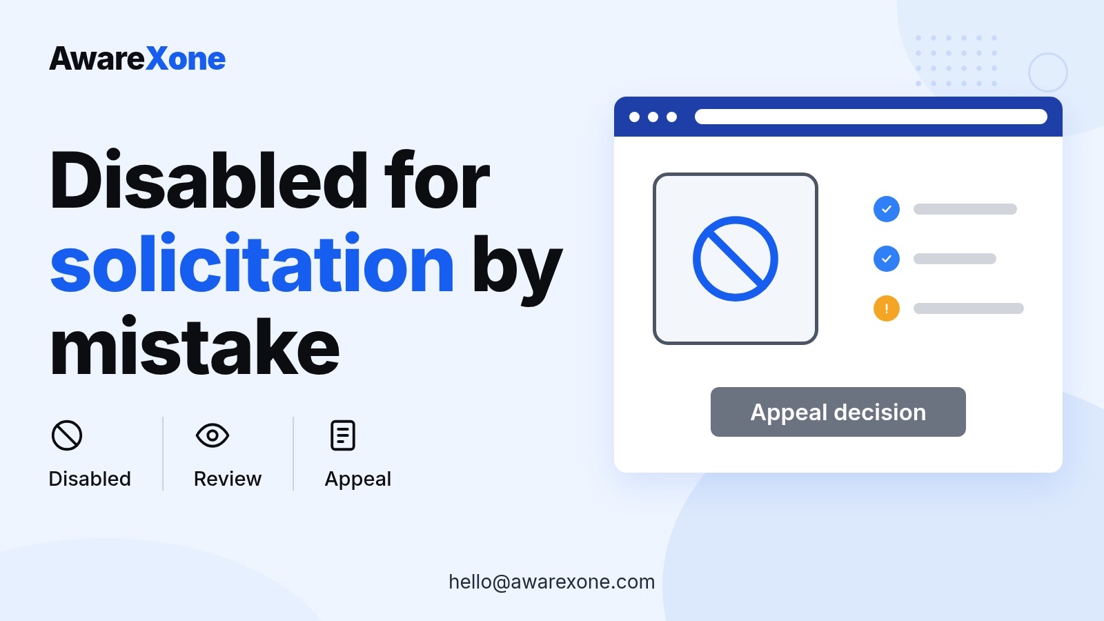 Cover card with a disabled sign and review checklist, for appealing a mistaken Instagram nudity disable.