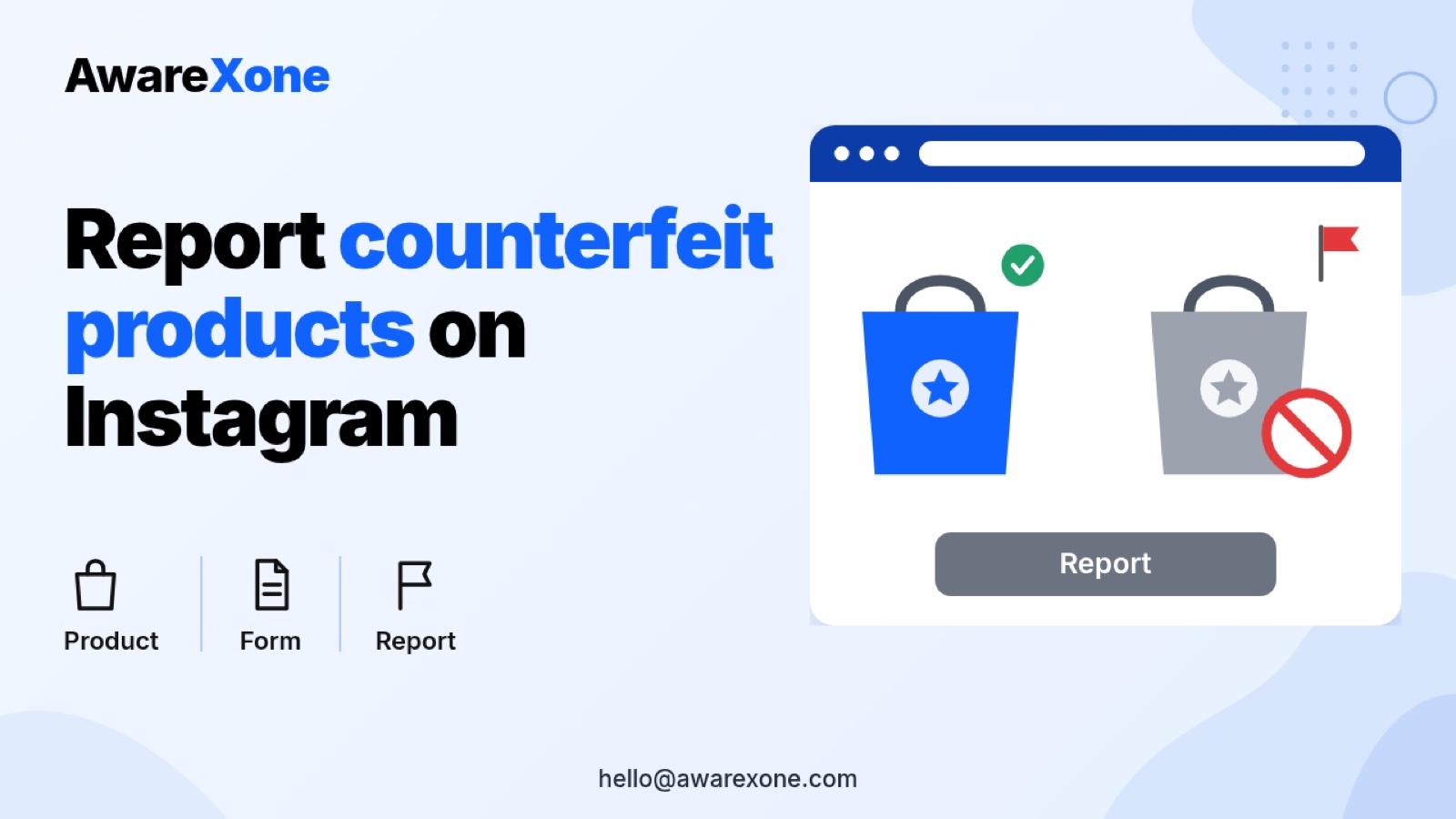 Flat illustration of a genuine shopping bag beside a counterfeit copy with a red block sign, showing how to report counterfeit products on Instagram and Facebook.