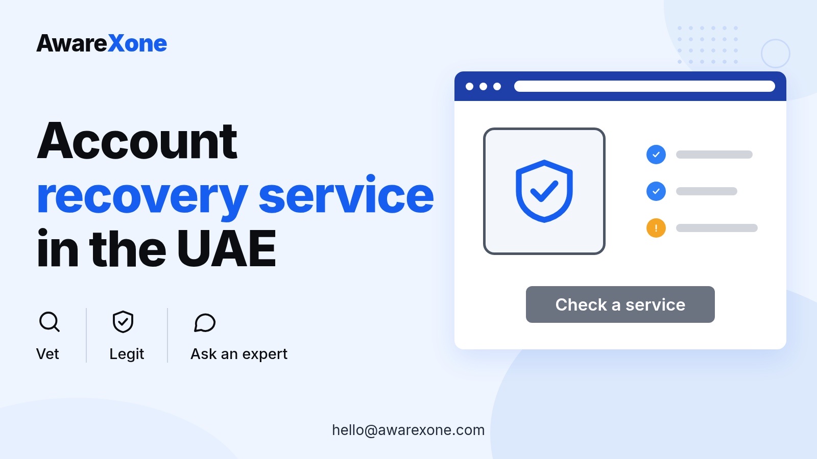 Cover card with a shield and checklist, for judging Instagram and Facebook recovery services in the UAE.