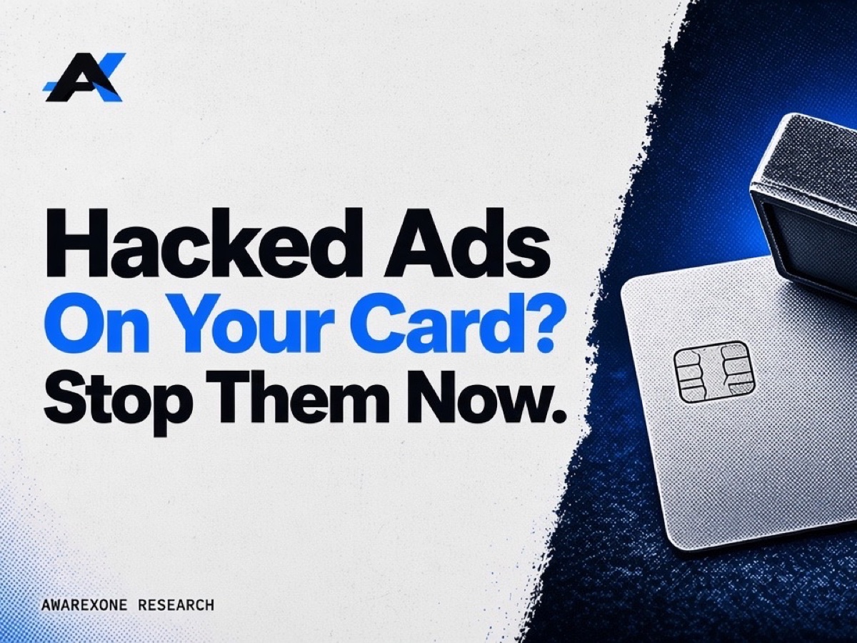 A blank bank card with a chip under a rubber stamp in blue halftone, beside the headline Hacked Ads On Your Card? Stop Them Now.