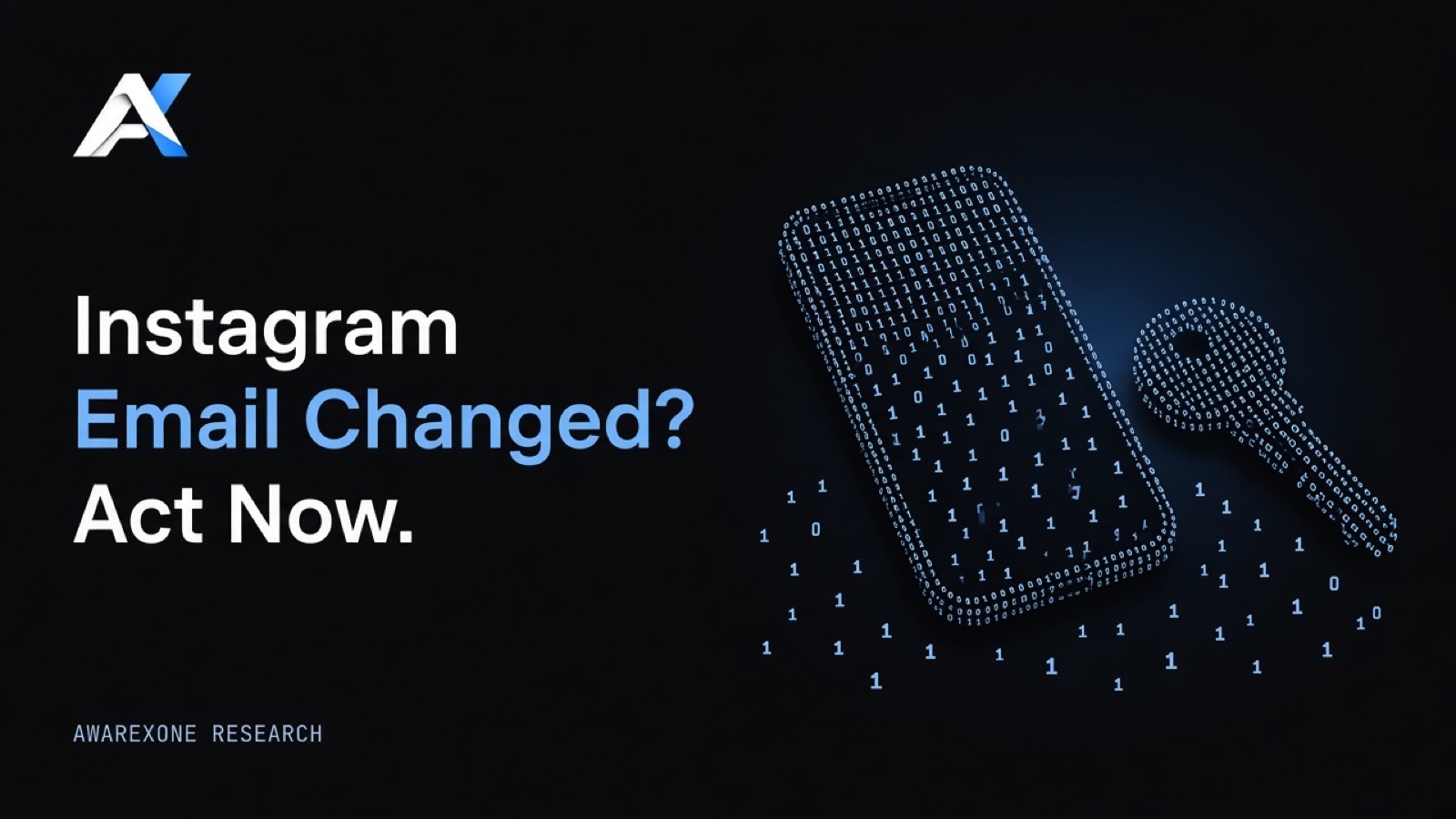 A smartphone lying at an angle with a key beside it drawn in blue binary digits on a dark background, beside the headline Instagram Email Changed? Act Now.