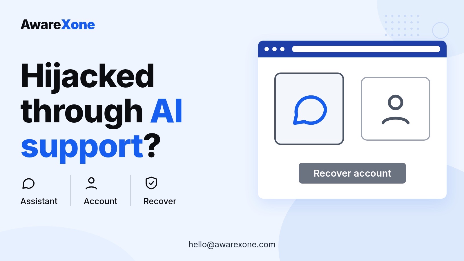Cover card with a support chat bubble and profile icon, for Instagram accounts hijacked via AI support.