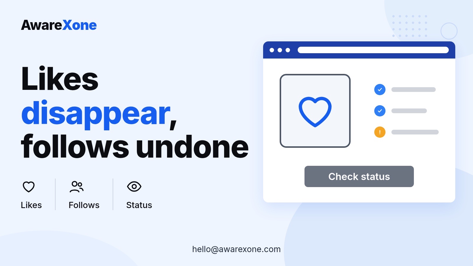 Cover card with a like icon and status checklist, for Instagram likes and follows that get undone.