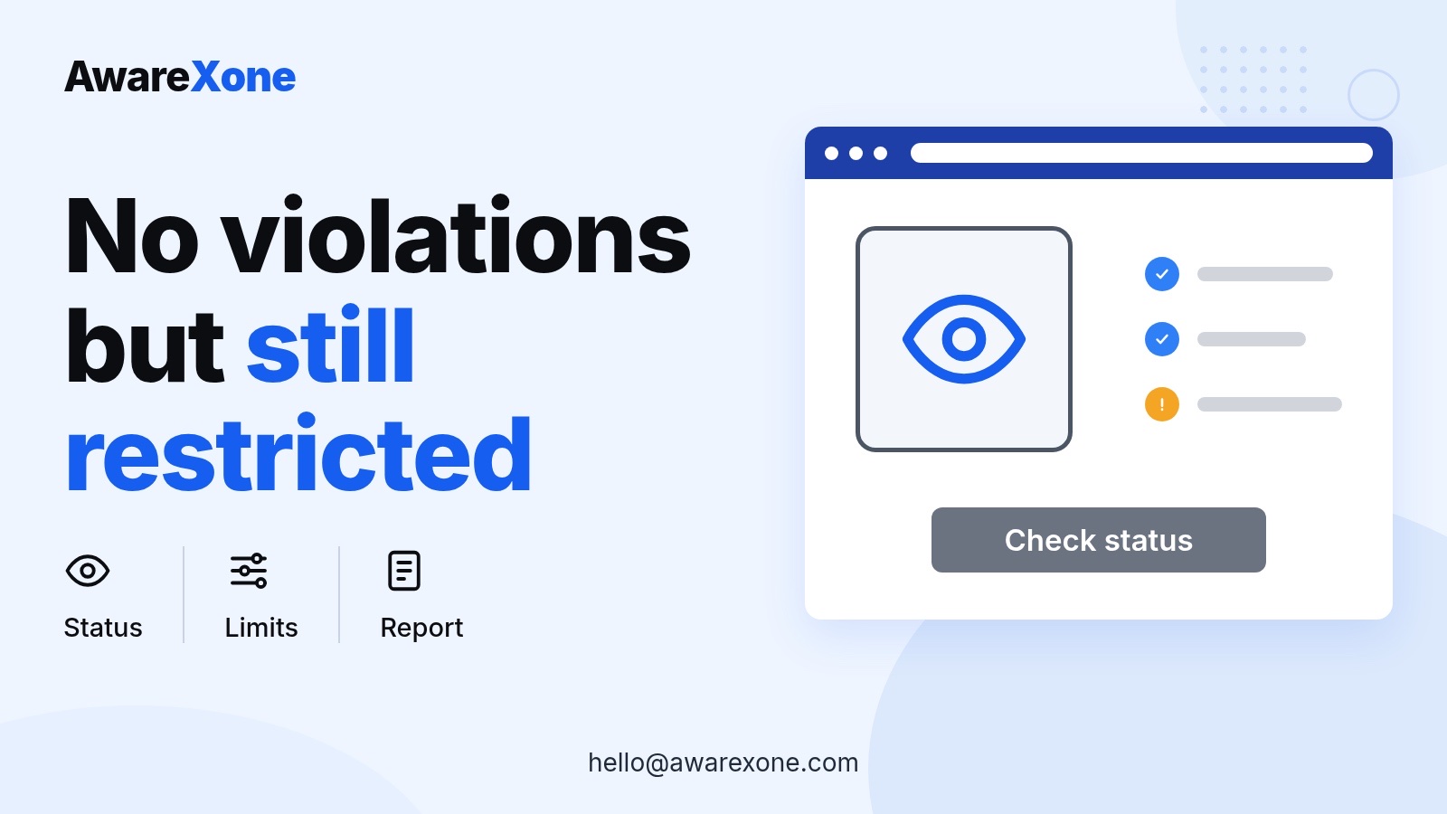 Cover card with an eye icon and status checklist, for restrictions with no violations on Instagram.