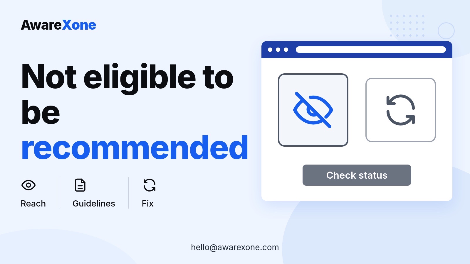 Cover card with a hidden-eye icon and refresh arrows, for Instagram's not eligible to be recommended status.