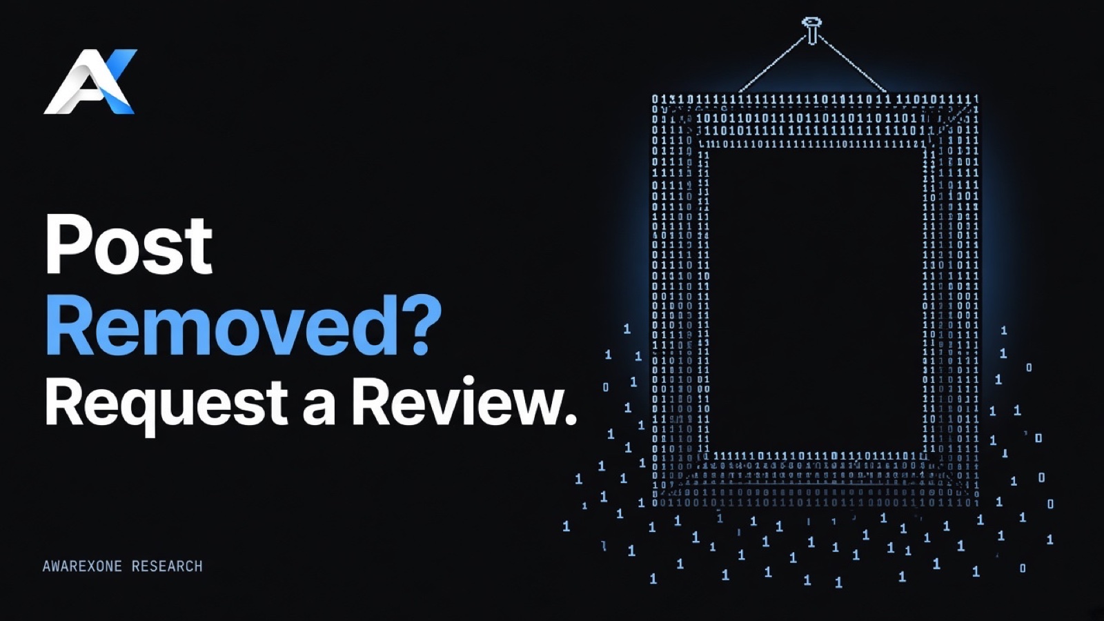 An empty picture frame hanging from a nail by a wire drawn in blue binary digits on a dark background, beside the headline Post Removed? Request a Review.