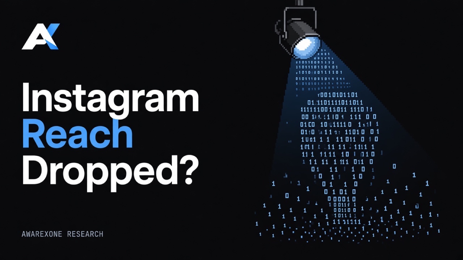A stage spotlight on a bracket casting a cone of light onto an empty floor drawn in blue binary digits on a dark background, beside the headline Instagram Reach Dropped?