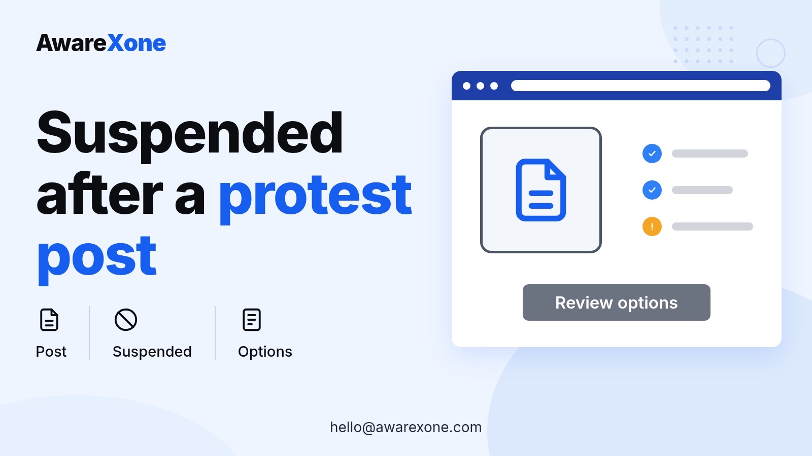 Cover card with a post icon and checklist, for options after an Instagram suspension over a protest post.