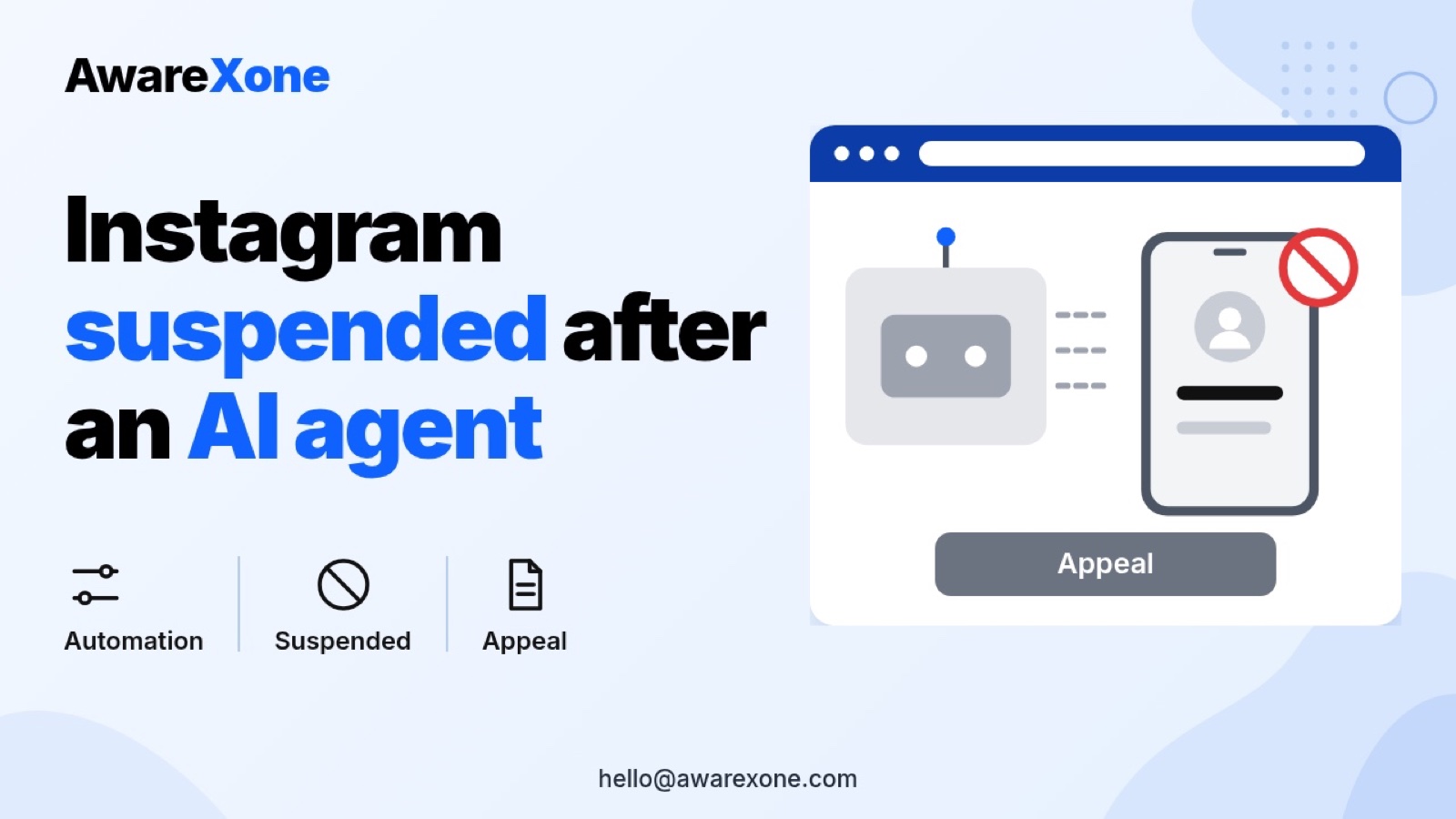 Flat illustration of an AI agent robot sending automated actions to an Instagram profile that is now suspended, with a red block sign.