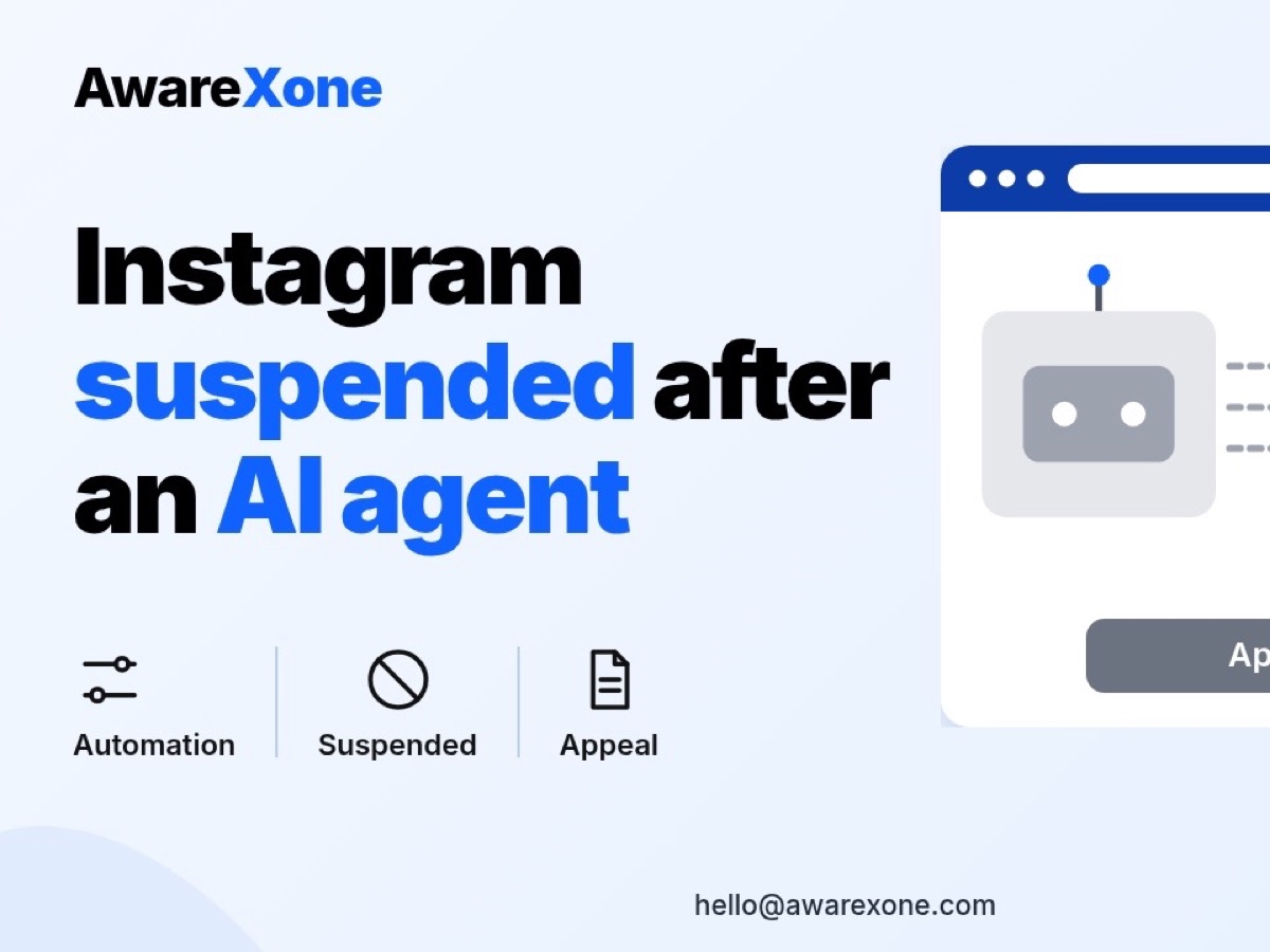 Flat illustration of an AI agent robot sending automated actions to an Instagram profile that is now suspended, with a red block sign.