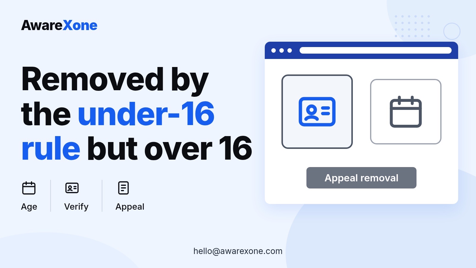 Cover card with an ID card and calendar, for appealing a wrong under-16 removal in Australia.