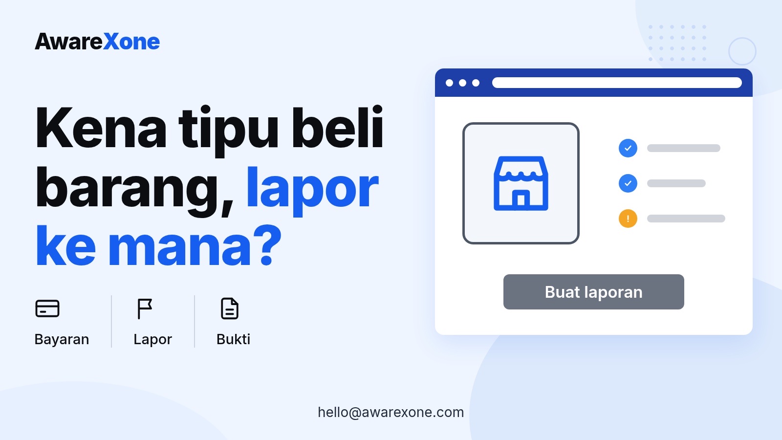 Cover card with a shop icon and checklist, for where to report an online shopping scam in Malaysia.