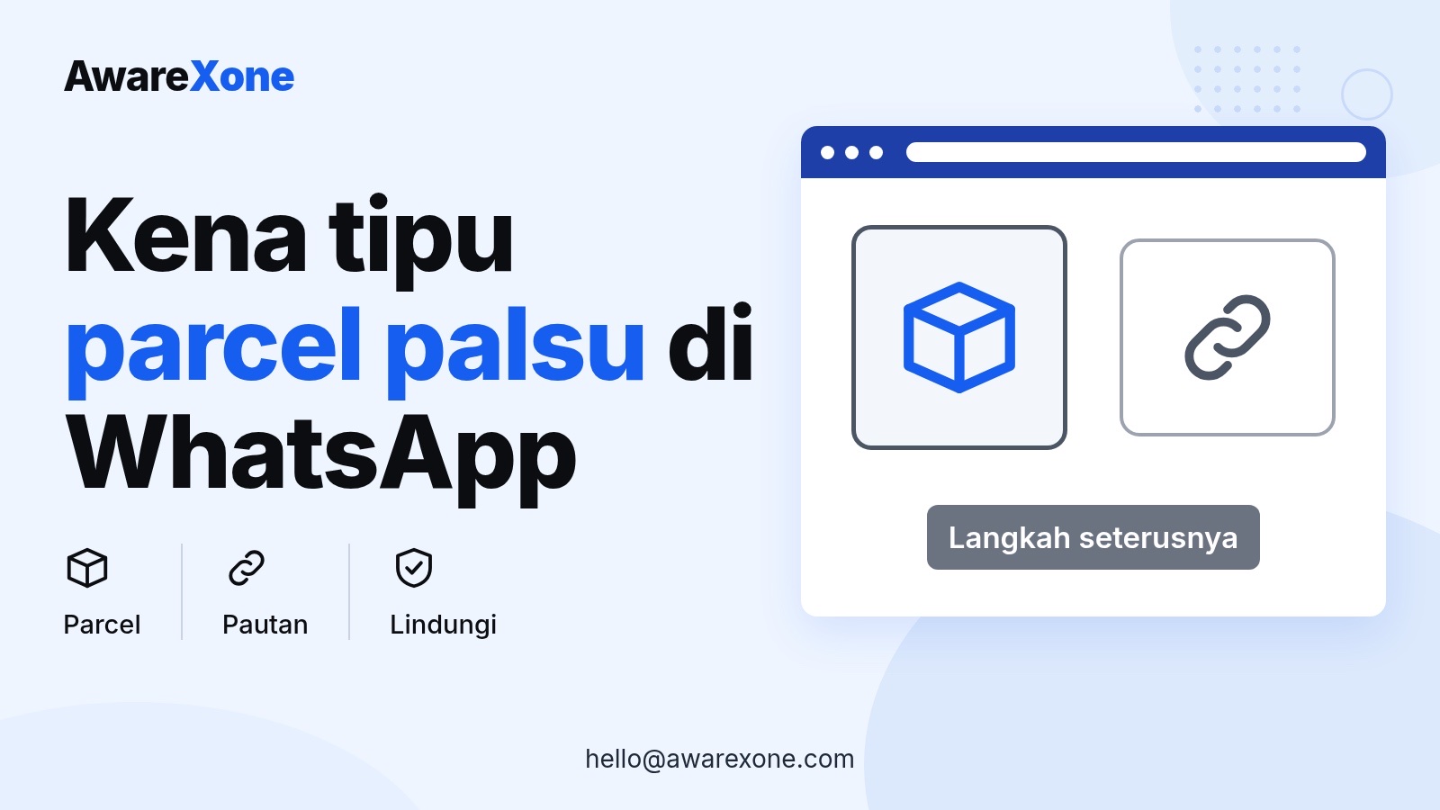 Cover card with a parcel and link icon, for what to do after clicking a fake parcel link.