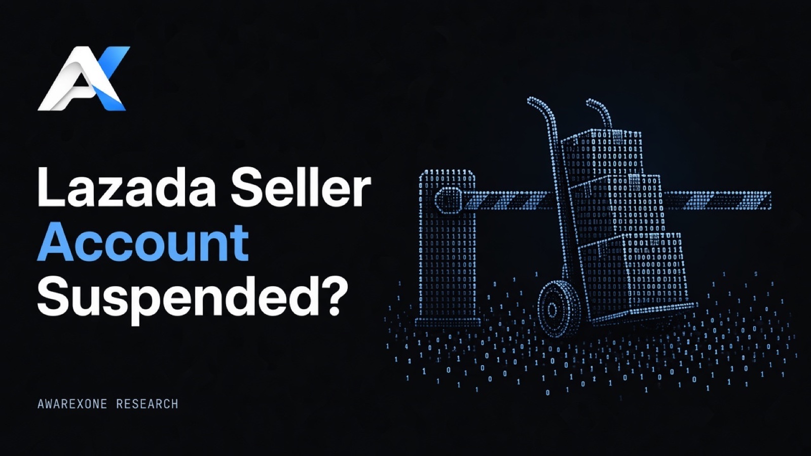 A hand trolley stacked with boxes stopped at a lowered striped barrier arm, drawn in blue binary digits on a dark background, beside the headline Lazada Seller Account Suspended?