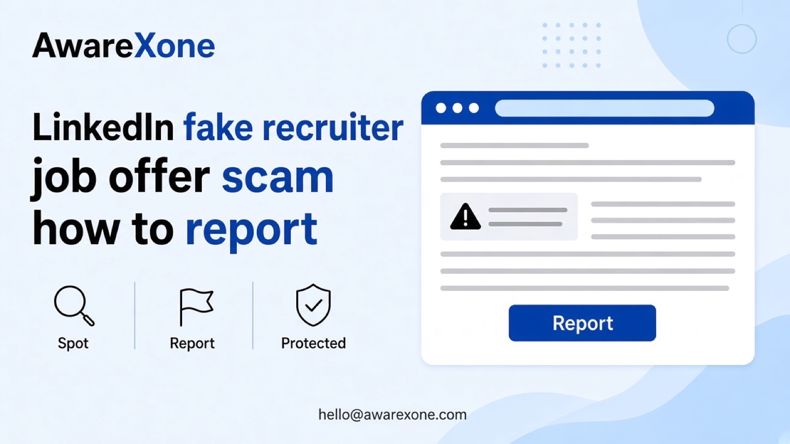 A job seeker reads a suspicious recruiter message on a laptop with a checklist of warning signs beside it after searching linkedin fake recruiter job offer scam how to report.