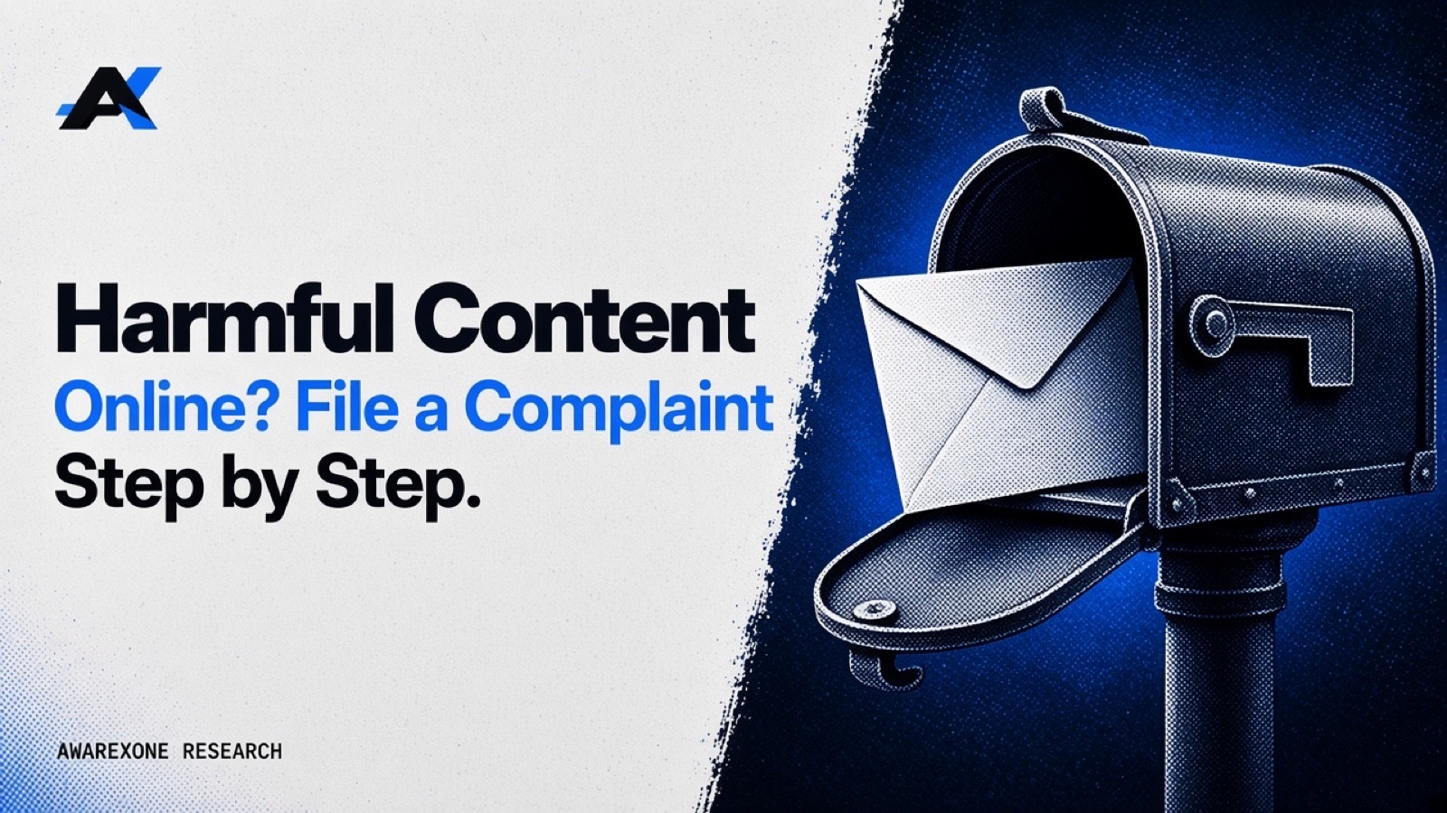 A metal post mailbox with its flap open and a blank envelope sliding in, in blue halftone, beside the headline Harmful Content Online? File a Complaint Step by Step.