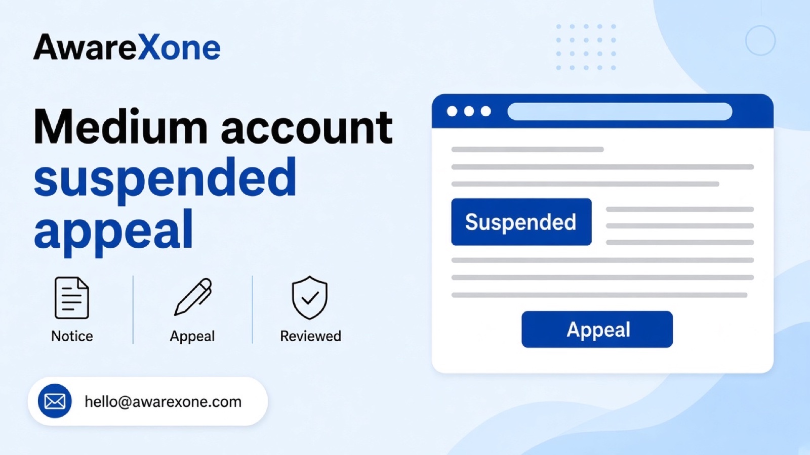 A writer reads the suspension banner on her Medium account on a laptop after searching medium account suspended appeal, with a notebook of her recent stories beside her.