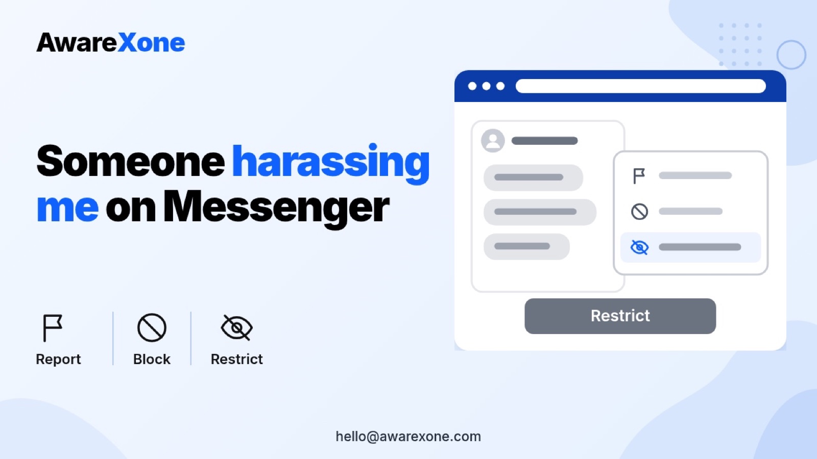 Flat illustration of a chat thread with a report, block and restrict menu, showing what to do when someone is harassing me on Messenger.