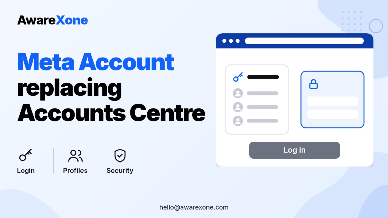 Flat illustration of a Meta Account panel listing linked profiles beside a login form, showing login problems as Meta Account replaces Accounts Centre.