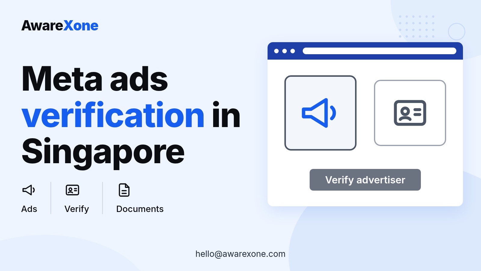 Cover card with a megaphone and ID card, for completing Meta advertiser verification in Singapore.