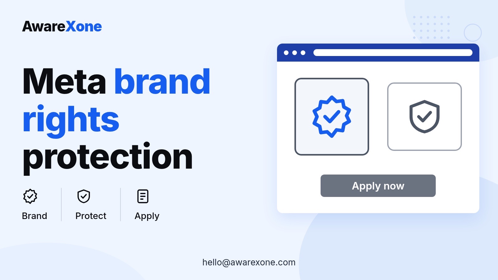 Cover card with a brand badge and shield, explaining how to apply for Meta brand rights protection.