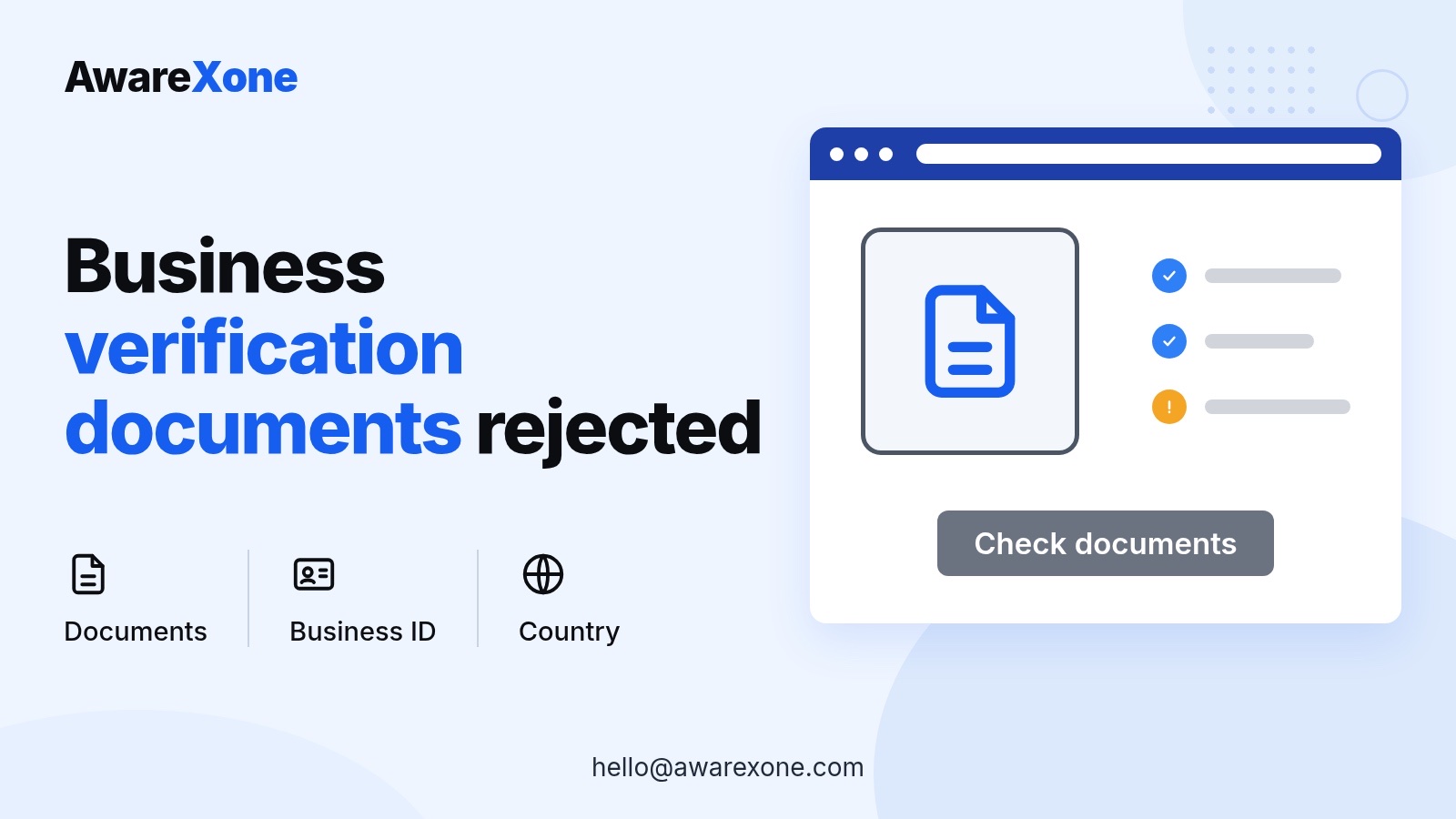 Cover card with a document and checklist, for rejected Meta business verification documents abroad.