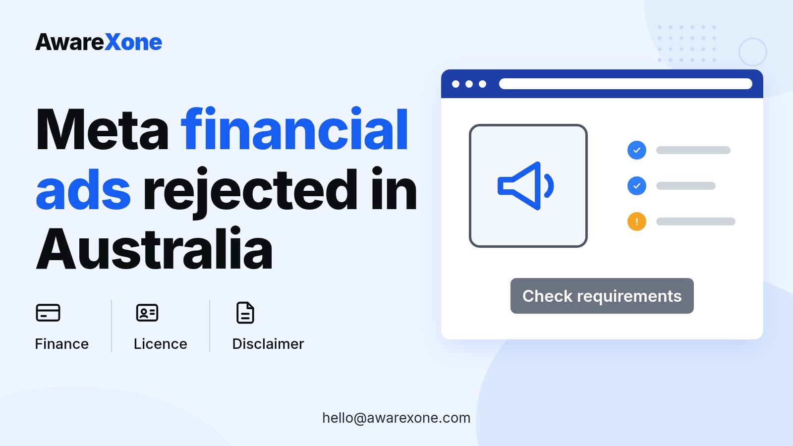 Cover card with an ad megaphone and checklist, for Meta financial ad rejections in Australia.