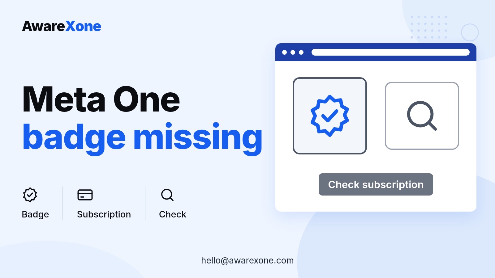 Cover card with a badge and magnifier, for a missing Meta One badge or failing subscription.