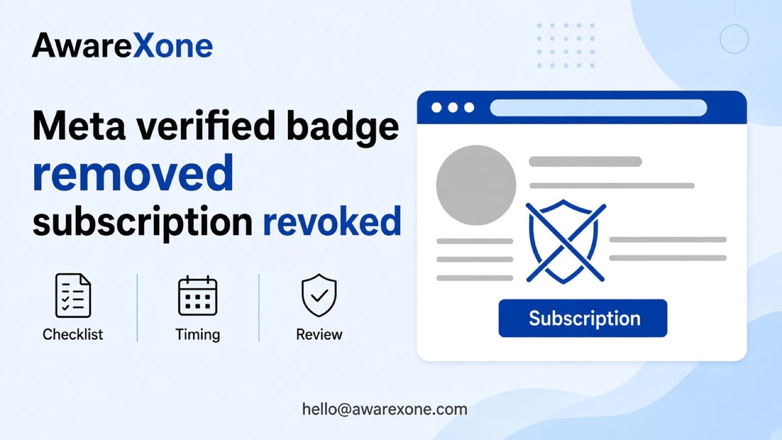 A creator looks at a phone showing a missing verified badge on a social profile after searching meta verified badge removed subscription revoked, with a notebook of checklist items beside it.