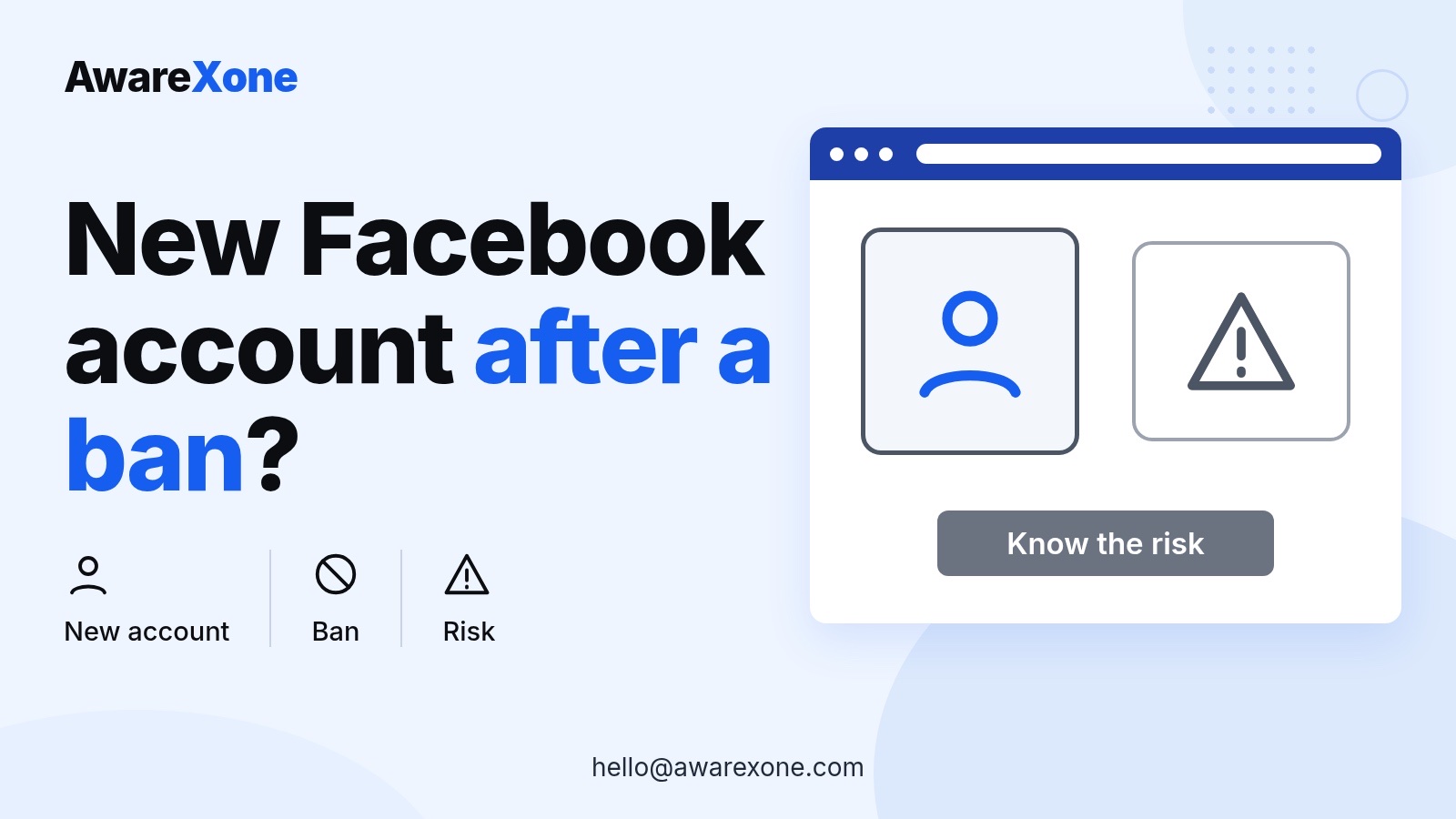 Cover card with a profile and warning icon, for whether a new Facebook account after a ban survives.
