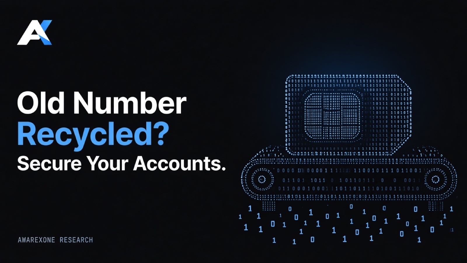 A SIM card resting on a conveyor belt, drawn in blue binary digits on a dark background, beside the headline Old Number Recycled? Secure Your Accounts.