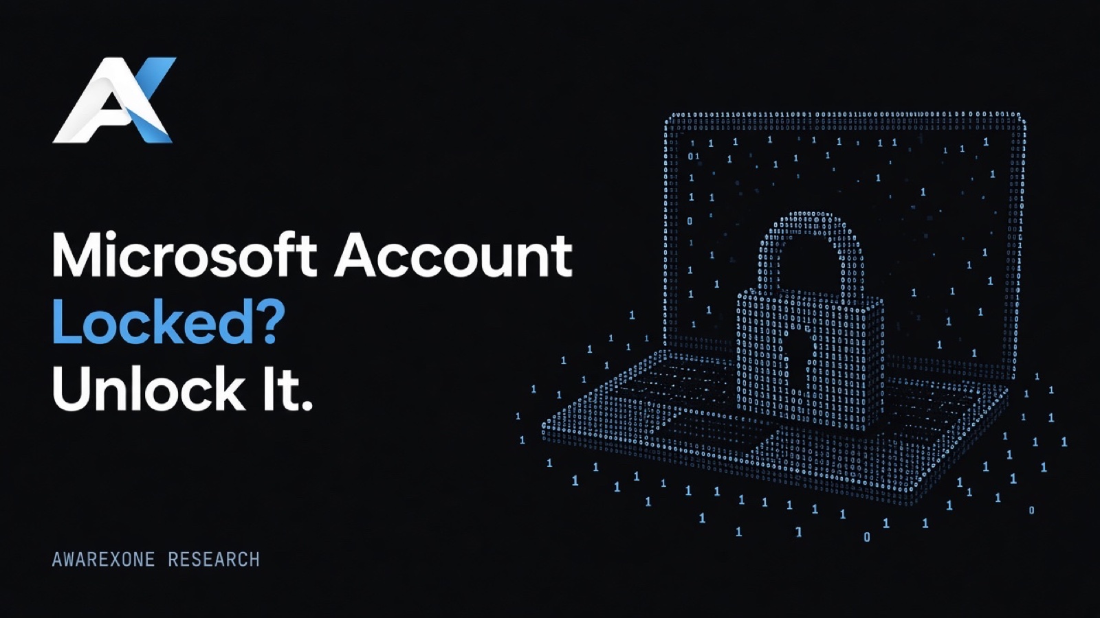 An open laptop with a large padlock resting on its keyboard, drawn in blue binary digits on a dark background, beside the headline Microsoft Account Locked? Unlock It.