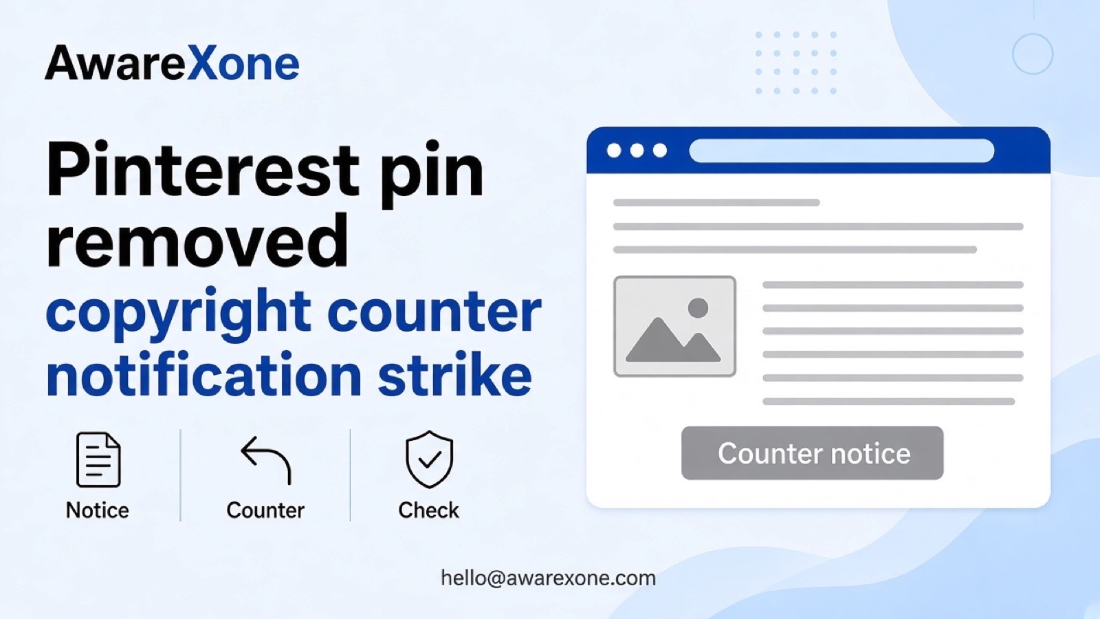 A creator reviews a removed pin notice on a tablet at a desk, after searching pinterest pin removed copyright counter notification strike.