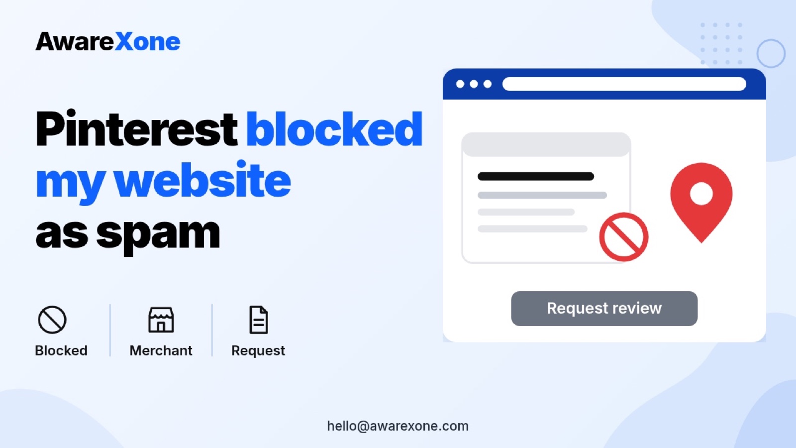 Flat illustration of a merchant website blocked as spam on Pinterest, with a red block sign and a red Pinterest style pin.