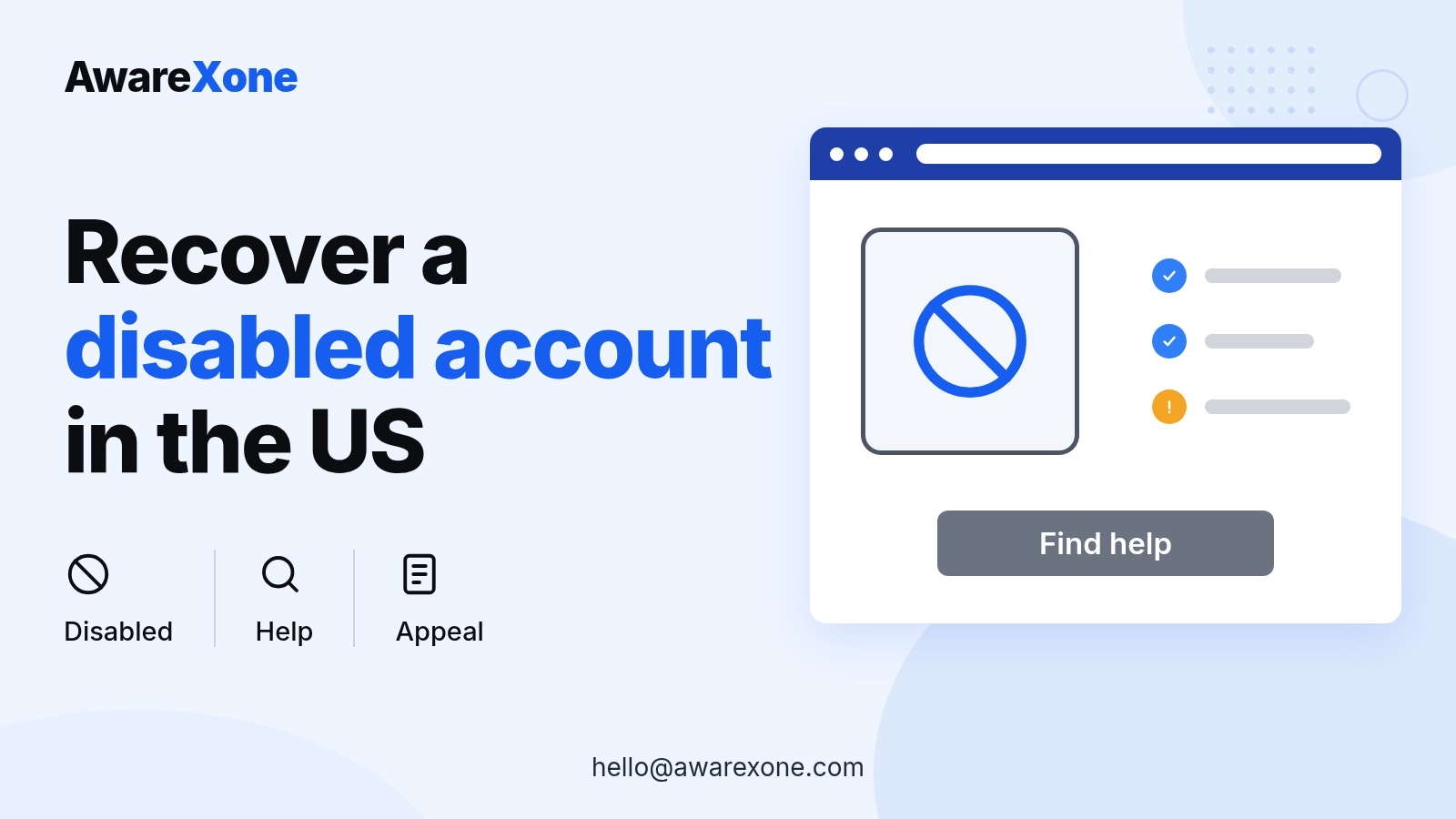 Cover card with a disabled sign and checklist, for who can help recover disabled accounts in the US.