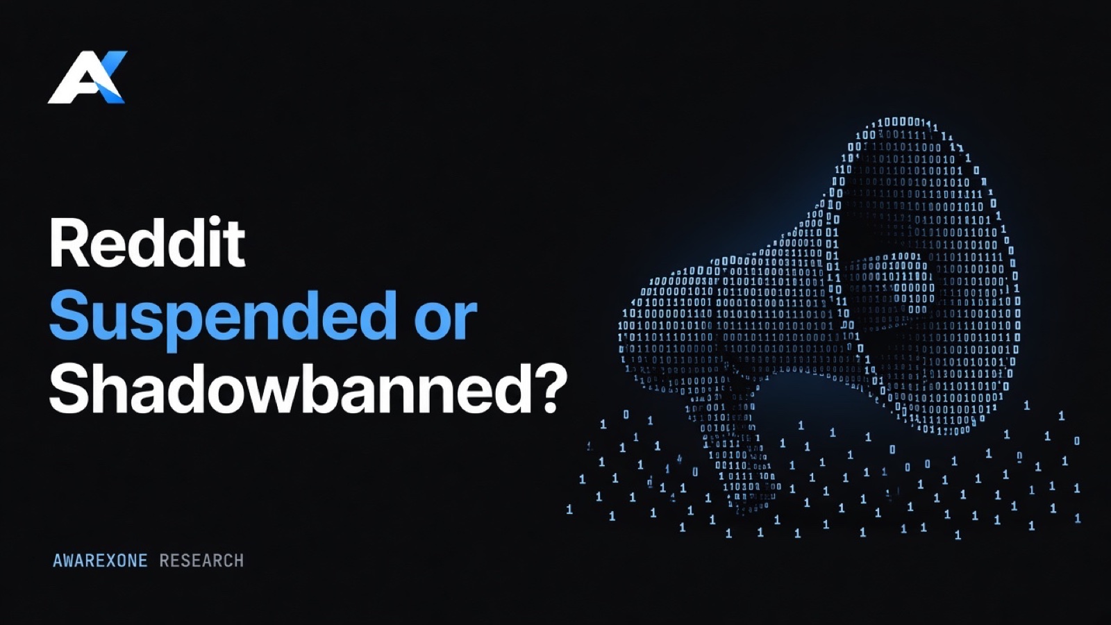 A megaphone lying on its side, drawn in blue binary digits on a dark background, beside the headline Reddit Suspended or Shadowbanned?