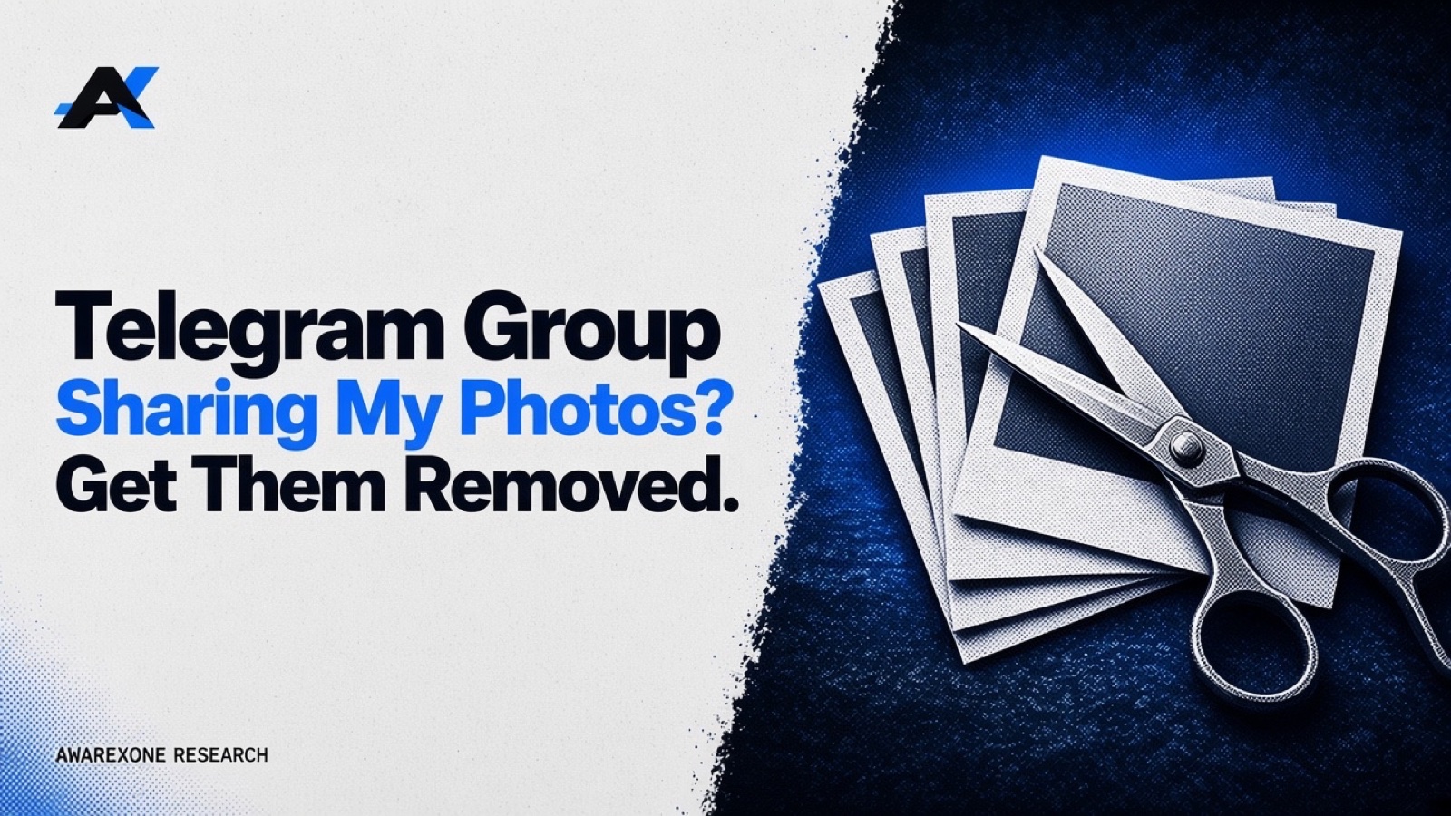 A fanned stack of blank instant photo prints with a pair of steel scissors in blue halftone, beside the headline Telegram Group Sharing My Photos? Get Them Removed.